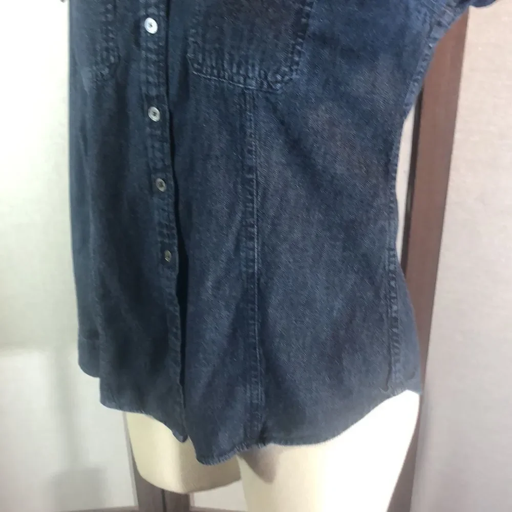 Talbots Denim Chambray Shirt 8P/ Cotton/ Long Roll Tab Sleeve/ Round Hem Pocket - Picture 7 of 11